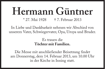Traueranzeige von Hermann Güntner von Süddeutsche Zeitung