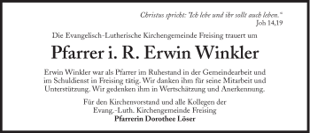 Traueranzeige von Erwin Winkler von Süddeutsche Zeitung