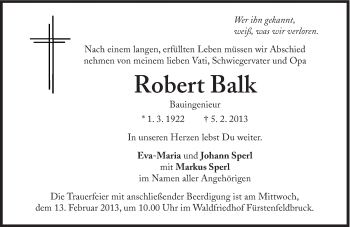 Traueranzeige von Robert Balk von Süddeutsche Zeitung