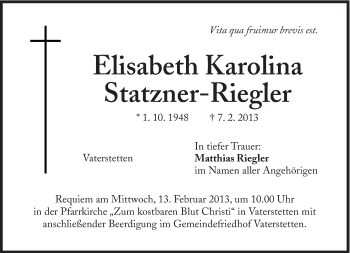 Traueranzeige von Elisabeth Karoline Statzner-Riegler von Süddeutsche Zeitung