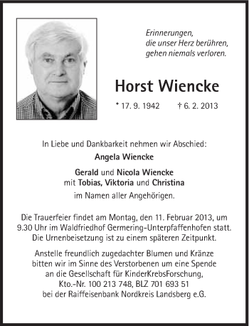 Traueranzeige von Horst Wiencke von Süddeutsche Zeitung