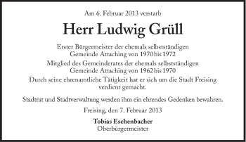 Traueranzeige von Ludwig Grüll von Süddeutsche Zeitung