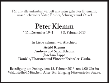 Traueranzeige von Peter Klemm von Süddeutsche Zeitung