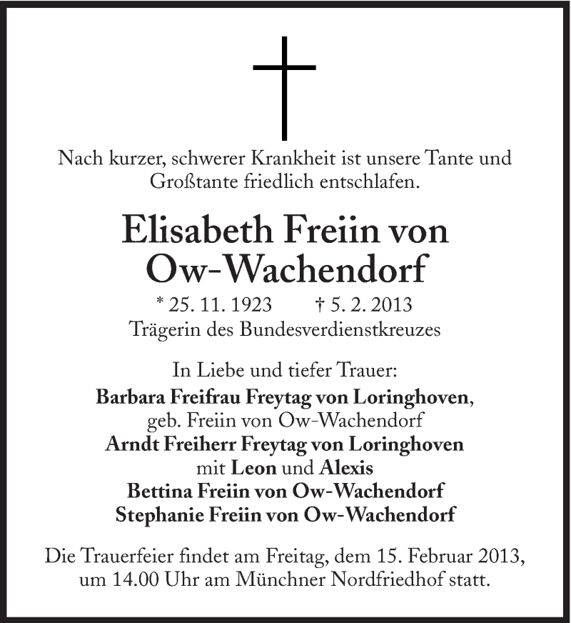  Traueranzeige für Elisabeth Freiin von Ow-Wachendorf vom 12.02.2013 aus Süddeutsche Zeitung