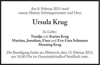 Traueranzeige von Ursula Krug von Süddeutsche Zeitung