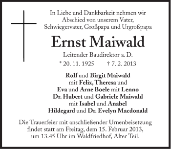 Traueranzeige von Ernst Maiwald von Süddeutsche Zeitung