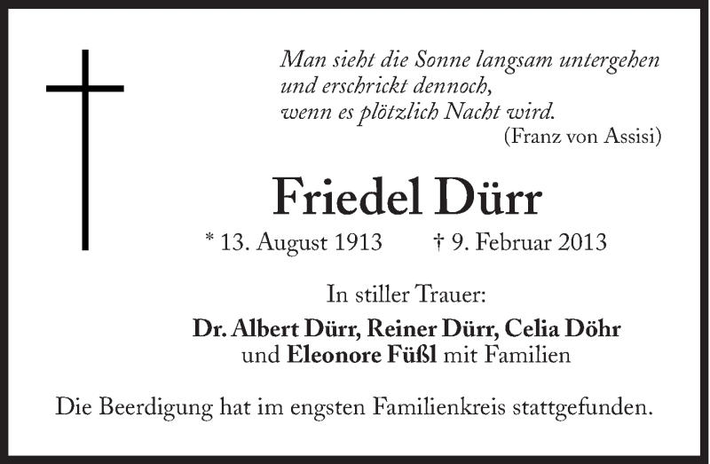  Traueranzeige für Friedel Dürr vom 16.02.2013 aus Süddeutsche Zeitung
