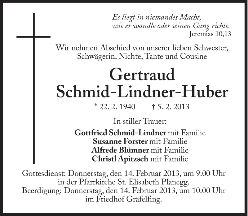  Traueranzeige für Gertraud Schmid-Lindner-Huber vom 12.02.2013 aus Süddeutsche Zeitung