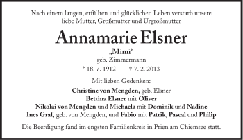Traueranzeige von Annamarie Elsner von Süddeutsche Zeitung