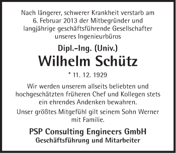 Traueranzeige von Wilhelm Schütz von Süddeutsche Zeitung