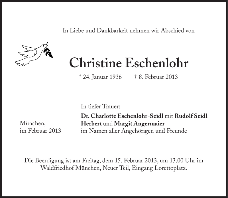  Traueranzeige für Christine Eschenlohr vom 13.02.2013 aus Süddeutsche Zeitung