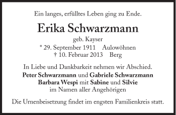 Traueranzeige von Erika Schwarzmann von Süddeutsche Zeitung