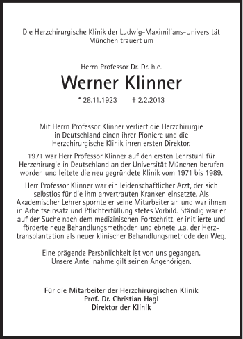 Traueranzeige von Werner Klinner von Süddeutsche Zeitung