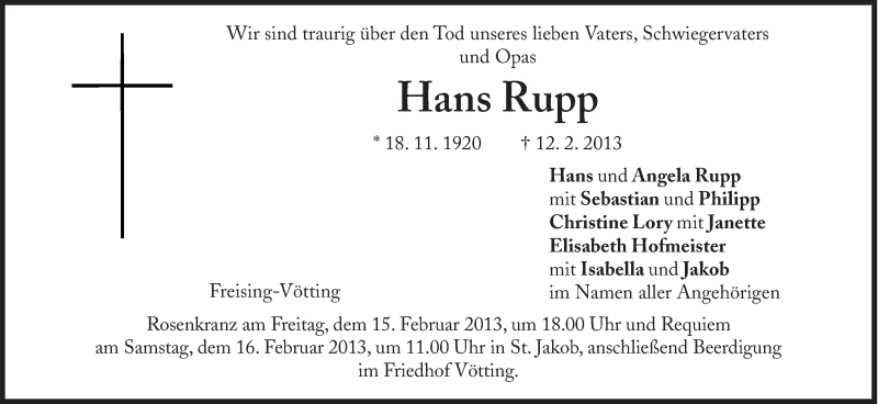  Traueranzeige für Hans Rupp vom 14.02.2013 aus Süddeutsche Zeitung