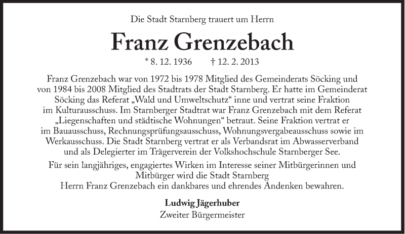  Traueranzeige für Franz Grenzebach vom 15.02.2013 aus Süddeutsche Zeitung