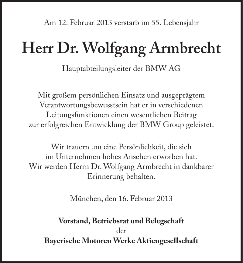  Traueranzeige für Wolfgang Armbrecht vom 16.02.2013 aus Süddeutsche Zeitung