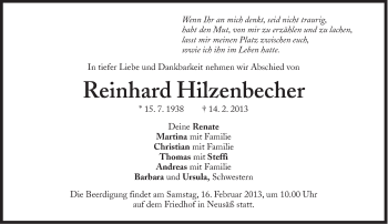 Traueranzeige von Reinhard Hilzenbecher von Süddeutsche Zeitung