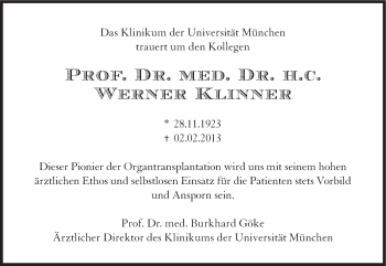 Traueranzeige von Werner Klinner von Süddeutsche Zeitung