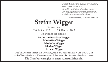 Traueranzeige von Stefan Wigger von Süddeutsche Zeitung