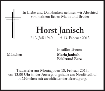 Traueranzeige von Horst Janisch von Süddeutsche Zeitung