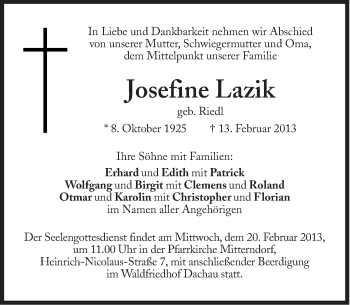 Traueranzeige von Josefine Lazik von Süddeutsche Zeitung