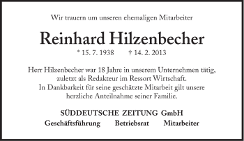 Traueranzeige von Reinhard Hilzenbecher von Süddeutsche Zeitung