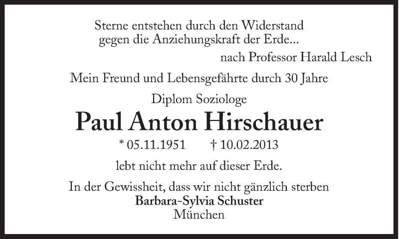  Traueranzeige für Paul Anton Hirschauer vom 16.02.2013 aus Süddeutsche Zeitung