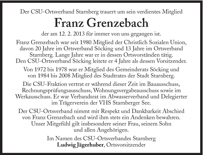  Traueranzeige für Franz Grenzebach vom 16.02.2013 aus Süddeutsche Zeitung