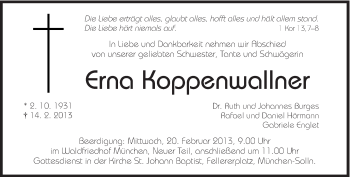 Traueranzeige von Erna Koppenwallner von Süddeutsche Zeitung