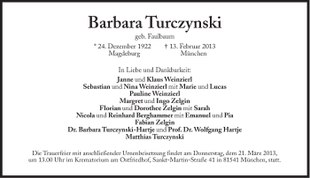 Traueranzeige von Barbara Turczynski von Süddeutsche Zeitung