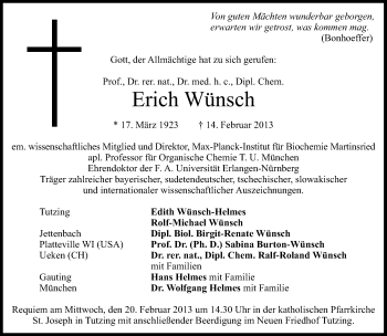 Traueranzeige von Erich Wünsch von Süddeutsche Zeitung