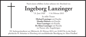 Traueranzeige von Ingeborg Lanzinger von Süddeutsche Zeitung