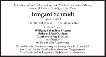 Traueranzeige von Irmgard Schmidt von Süddeutsche Zeitung