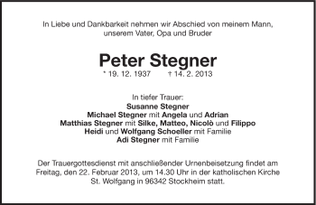 Traueranzeige von Peter Stegner von Süddeutsche Zeitung