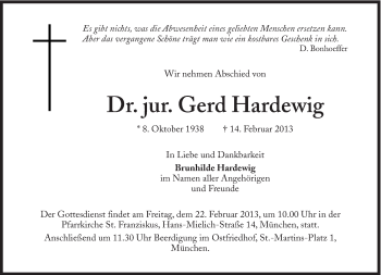 Traueranzeige von Gerd Hardewig von Süddeutsche Zeitung