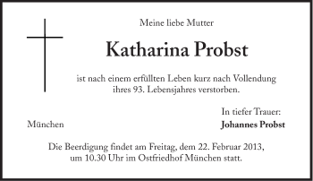 Traueranzeige von Katharina Probst von Süddeutsche Zeitung