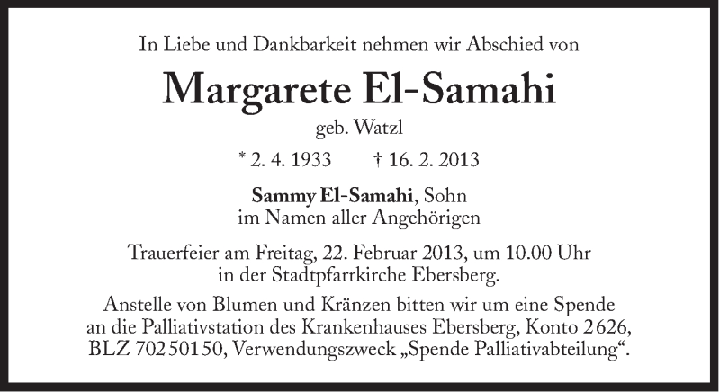  Traueranzeige für Margarete El-Samahi vom 19.02.2013 aus Süddeutsche Zeitung