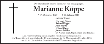 Traueranzeige von Marianne Köppe von Süddeutsche Zeitung