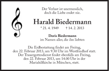Traueranzeige von Harald Biedermann von Süddeutsche Zeitung