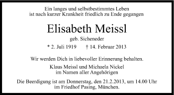 Traueranzeige von Elisabeth Meissl von Süddeutsche Zeitung