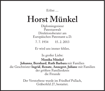 Traueranzeige von Horst Münkel von Süddeutsche Zeitung