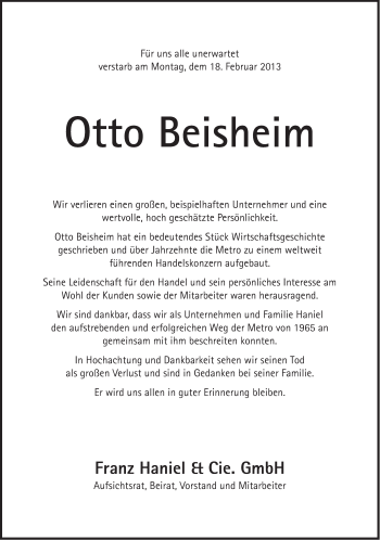 Traueranzeige von Otto Beisheim von Süddeutsche Zeitung