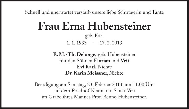  Traueranzeige für Erna Hubensteiner vom 21.02.2013 aus Süddeutsche Zeitung