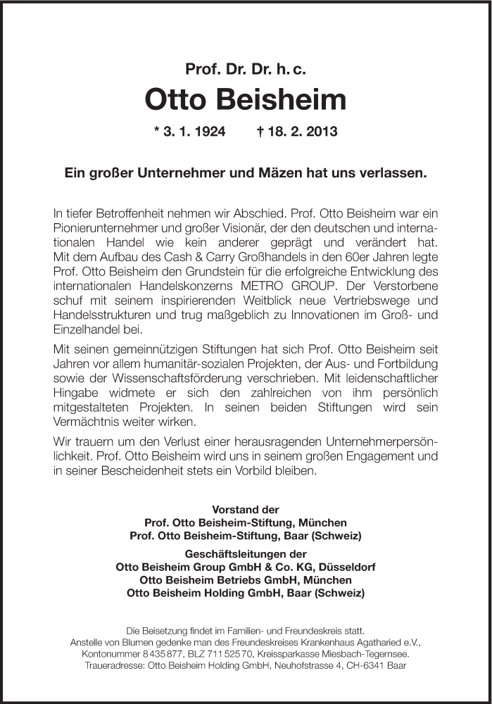  Traueranzeige für Otto Beisheim vom 21.02.2013 aus Süddeutsche Zeitung