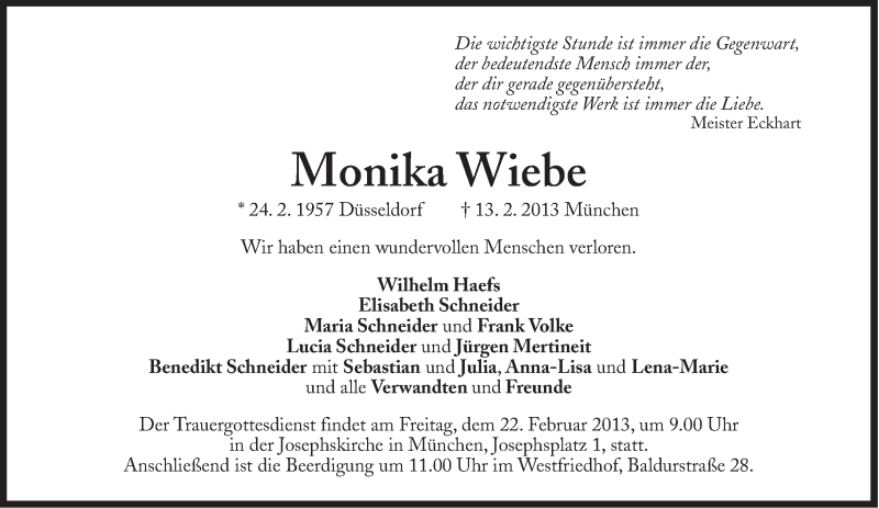  Traueranzeige für Monika Wiebe vom 20.02.2013 aus Süddeutsche Zeitung