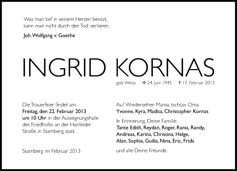  Traueranzeige für Ingrid Kornas vom 21.02.2013 aus Süddeutsche Zeitung