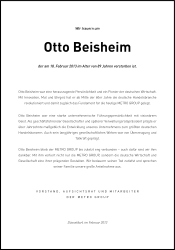 Traueranzeige von Otto Beisheim von Süddeutsche Zeitung