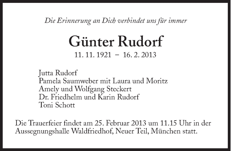  Traueranzeige für Günter Rudorf vom 22.02.2013 aus Süddeutsche Zeitung