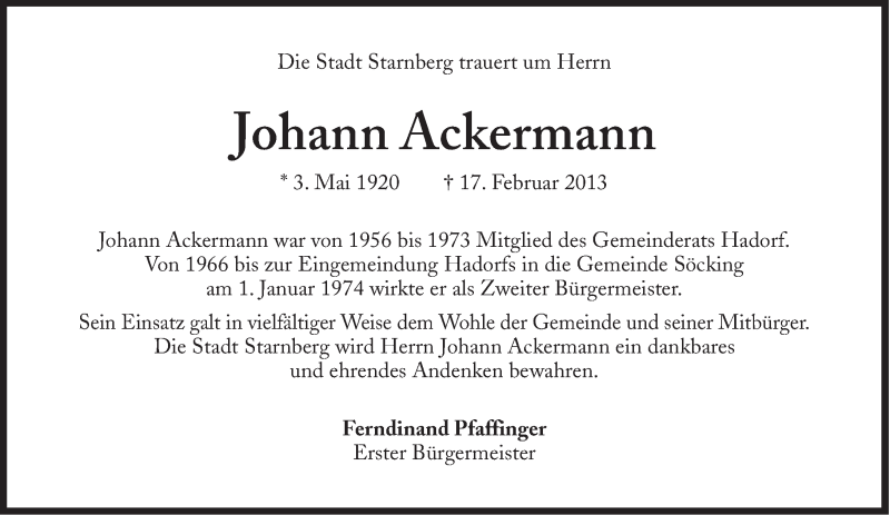  Traueranzeige für Johann Ackermann vom 21.02.2013 aus Süddeutsche Zeitung