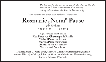 Traueranzeige von Rosmarie Pause von Süddeutsche Zeitung